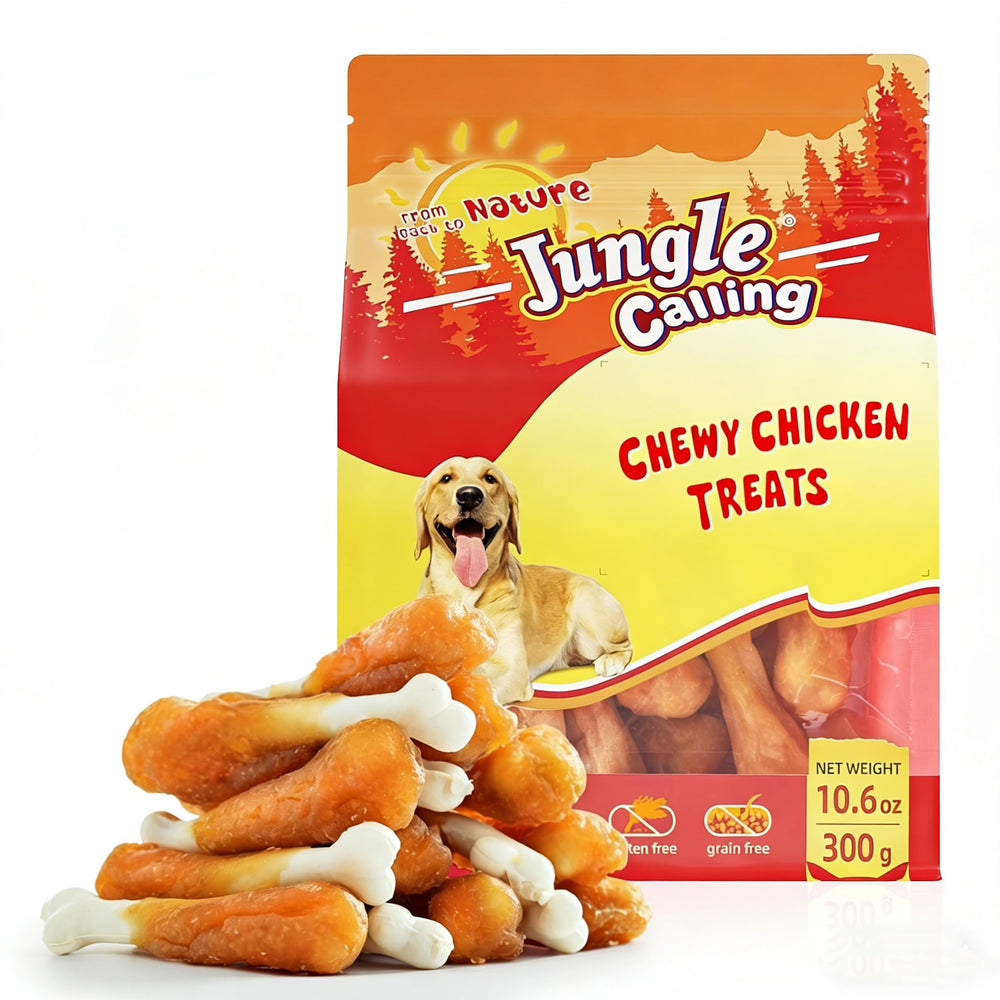 Jungle Calling packaging closeup showing premium chicken treats for dogs