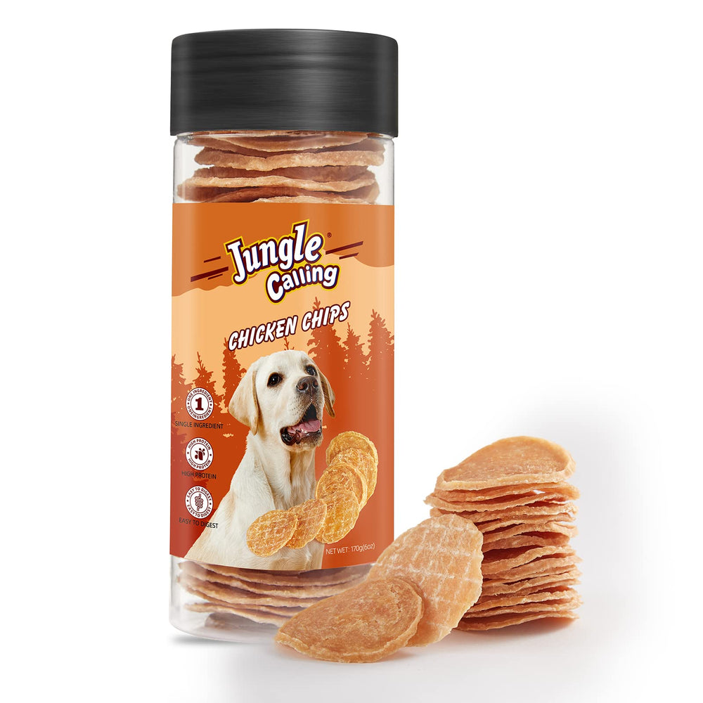 Chips de pollo crujientes Jungle Calling para perros, snack proteico para entrenamientos.