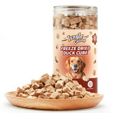 Jungle Calling patos deshidratado frente al envase, snack de proteína única para perros y gatos.