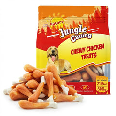 Jungle Calling snacks de pollo natural, ideales como premio de entrenamiento para perros pequeños.