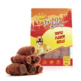 Jungle Calling Triple Flavor Rolls packaging highlights a rawhide-free, protein-rich dog treat.