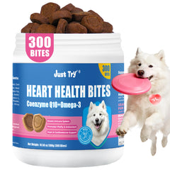 Just Try CoQ10 para perros, caja con bocados suaves de pollo para apoyo cardíaco.