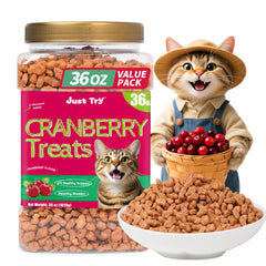 Just Try tarro hermético de golosinas para gatos, énfasis en sabor salmón y frescura.