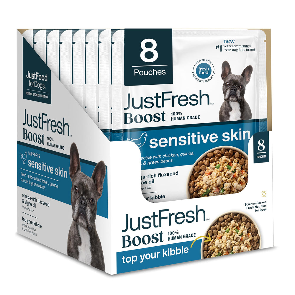 JustFoodForDogs JustFresh Boost Piel Sensible en empaque práctico para mantener fresco.