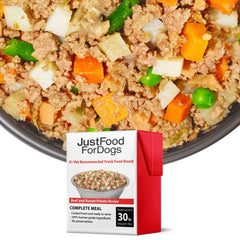 JustFoodForDogs Pantry Fresh, comida húmeda de res y papa russet para perros activos.