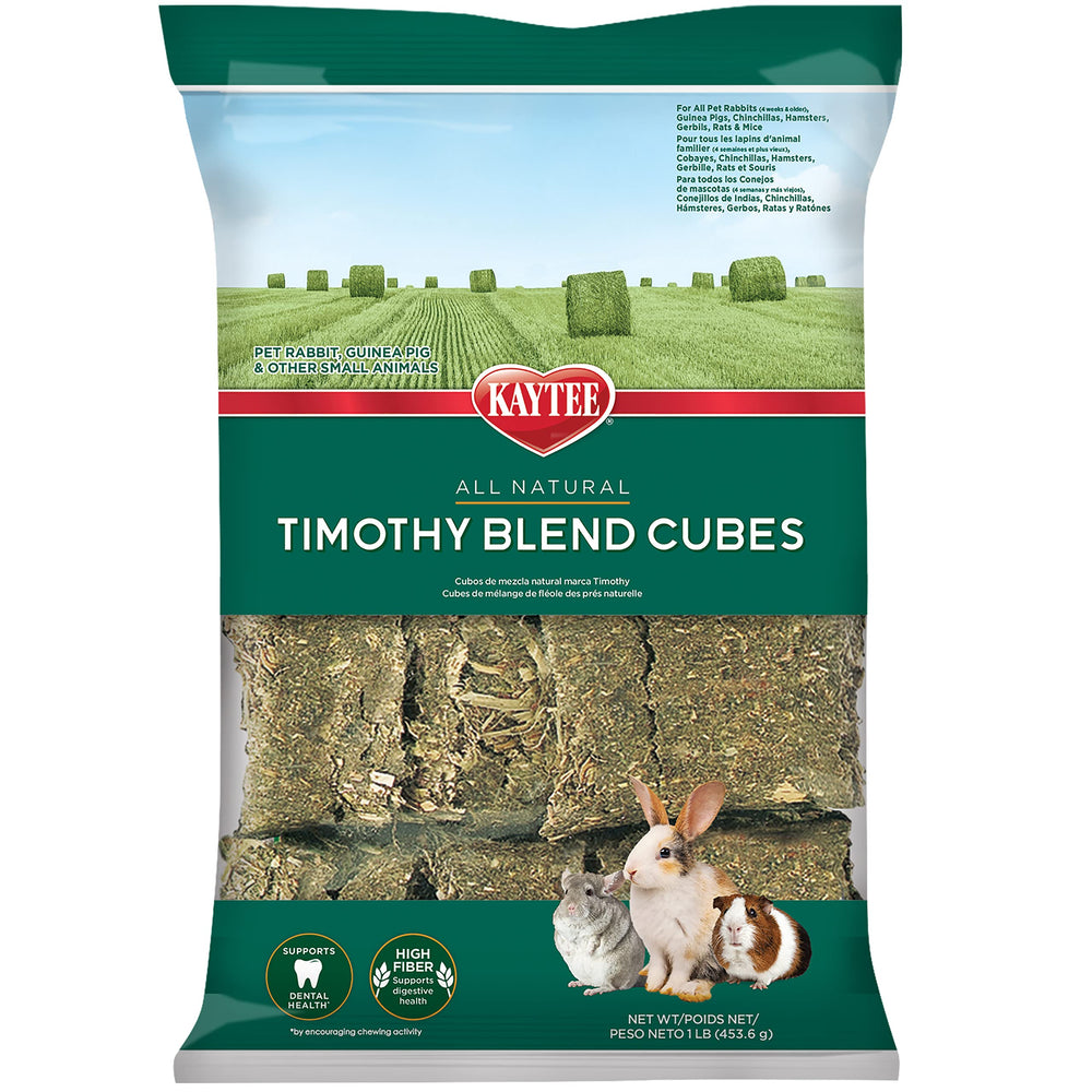 Cubos Kaytee con mezcla de heno Timothy para mordisqueo diario.
