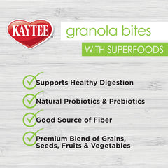 Kaytee Granola Bites, ingredientes-granos: mezcla natural de granos y semillas.