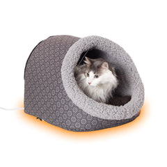 K&H Thermo-Pet Cave cama para gatos gris, refugio suave y cálido.