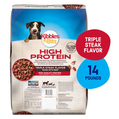 Kibbles 'n Bits Triple Steak bowl ready for balanced meals for adult dogs.