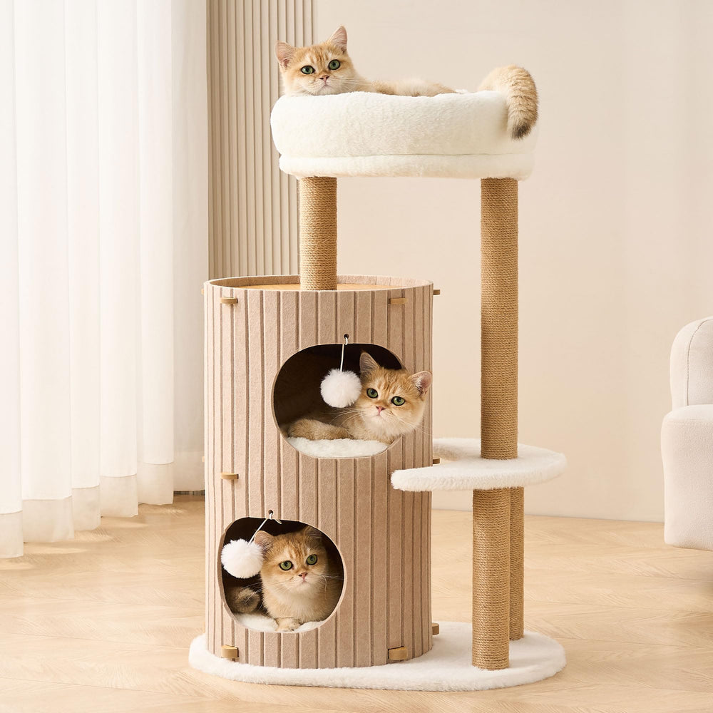 Kicari arbol-gato moderno con cama superior acolchada para siestas cómodas.