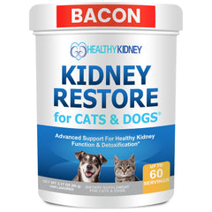 Kidney Restore: bote y etiqueta visibles, destacan el apoyo renal para gatos y perros