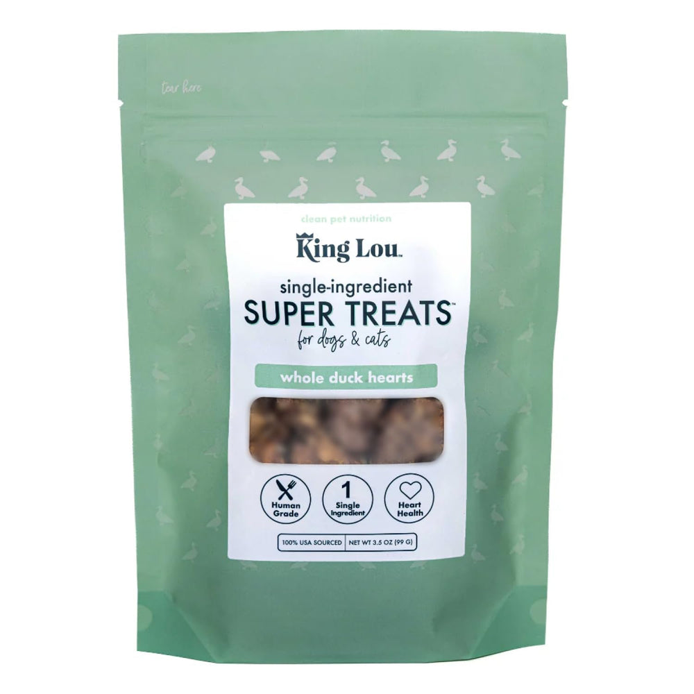 King Lou Pets corazones-de-pato-entero en envase, snack natural para perros y gatos.