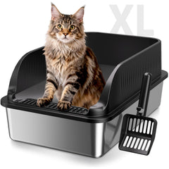 KISENG caja de arena para gatos de acero inoxidable con bordes altos y acceso abierto
