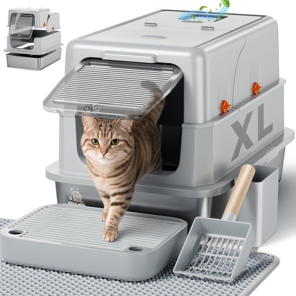 Caja KittyLetto de acero con tapa cerrada, privacidad y control de olores.