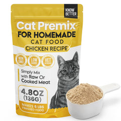 Know Better Premix pollo empaque, ideal para preparar comidas balanceadas para gatos.