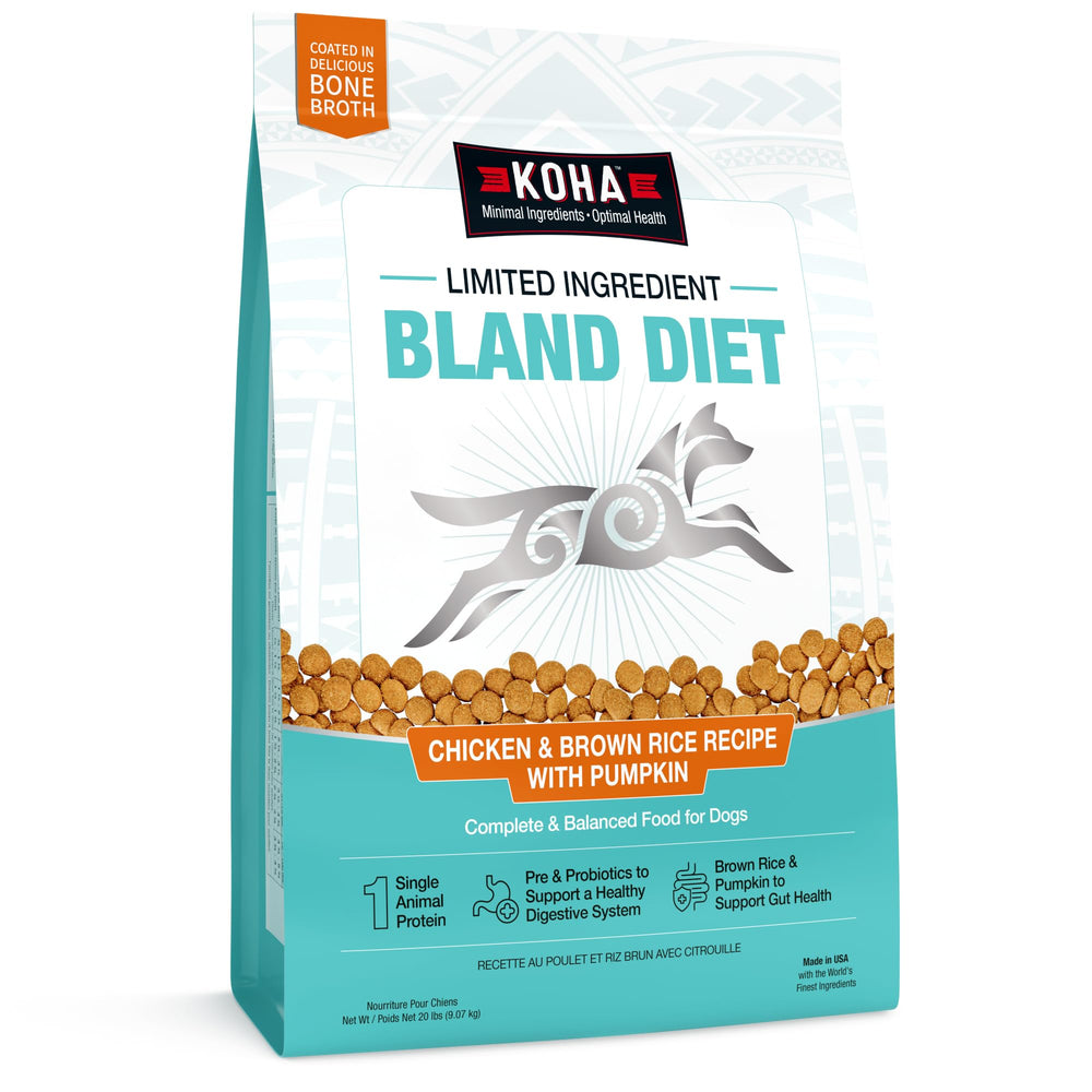 KOHA dieta limitada pollo-arroz-calabaza: ingredientes clave para digestión suave.