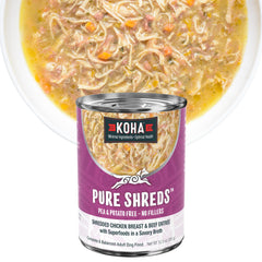 KOHA Pure Shreds pollo deshilachado en caldo, opción sabrosa para estómagos sensibles.