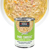 KOHA Pure Shreds pollo y pato deshilachados en caldo, ideal para estómagos sensibles.