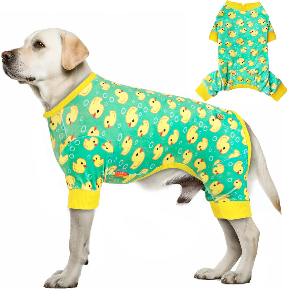 KYEESE Pijama para perro velvet patitos amarillos, frontal para ver el patrón