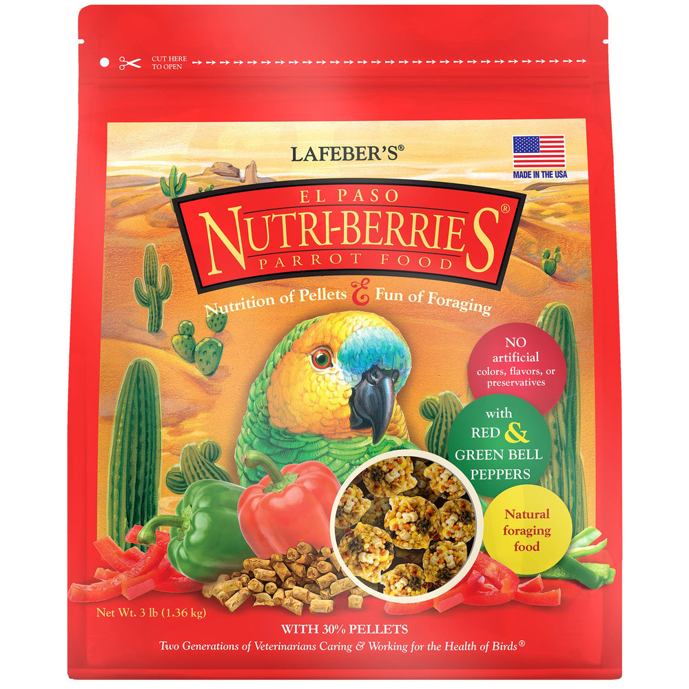 LAFEBER'S El Paso Nutri-Berries envase frontal para almacenamiento diario del loro.