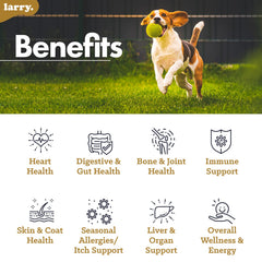 Larry contiene glucosamina y condroitina para movilidad suave en perros activos.