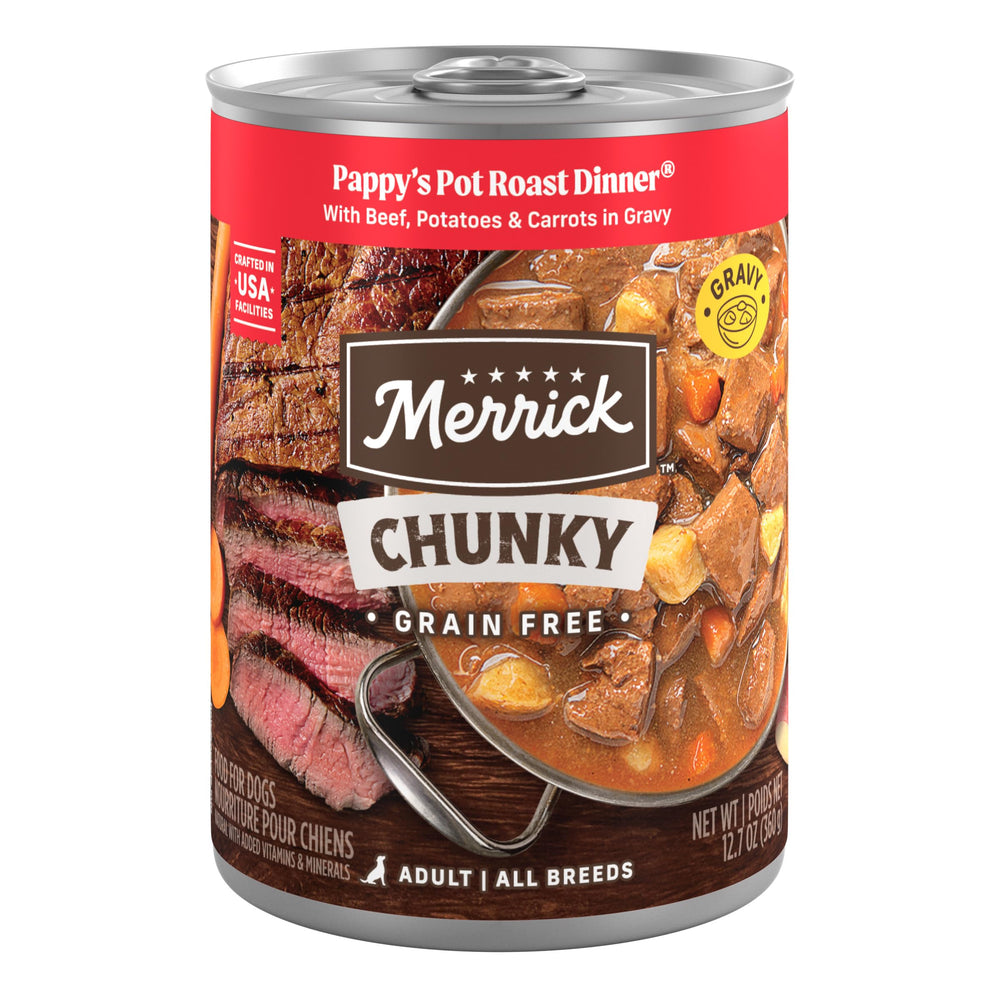 Lata Merrick con asado de res en salsa, proteína real para energía diaria.