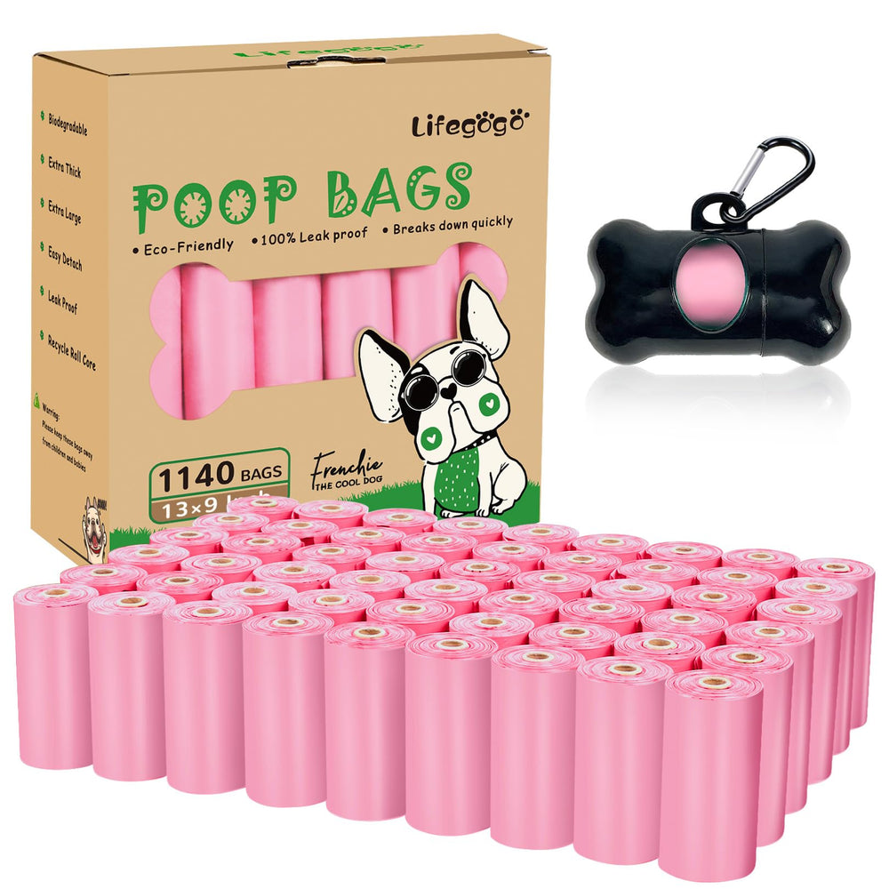 Bolsas Lifegogo para heces de perro en dispensador rosa, fáciles de usar durante paseos.
