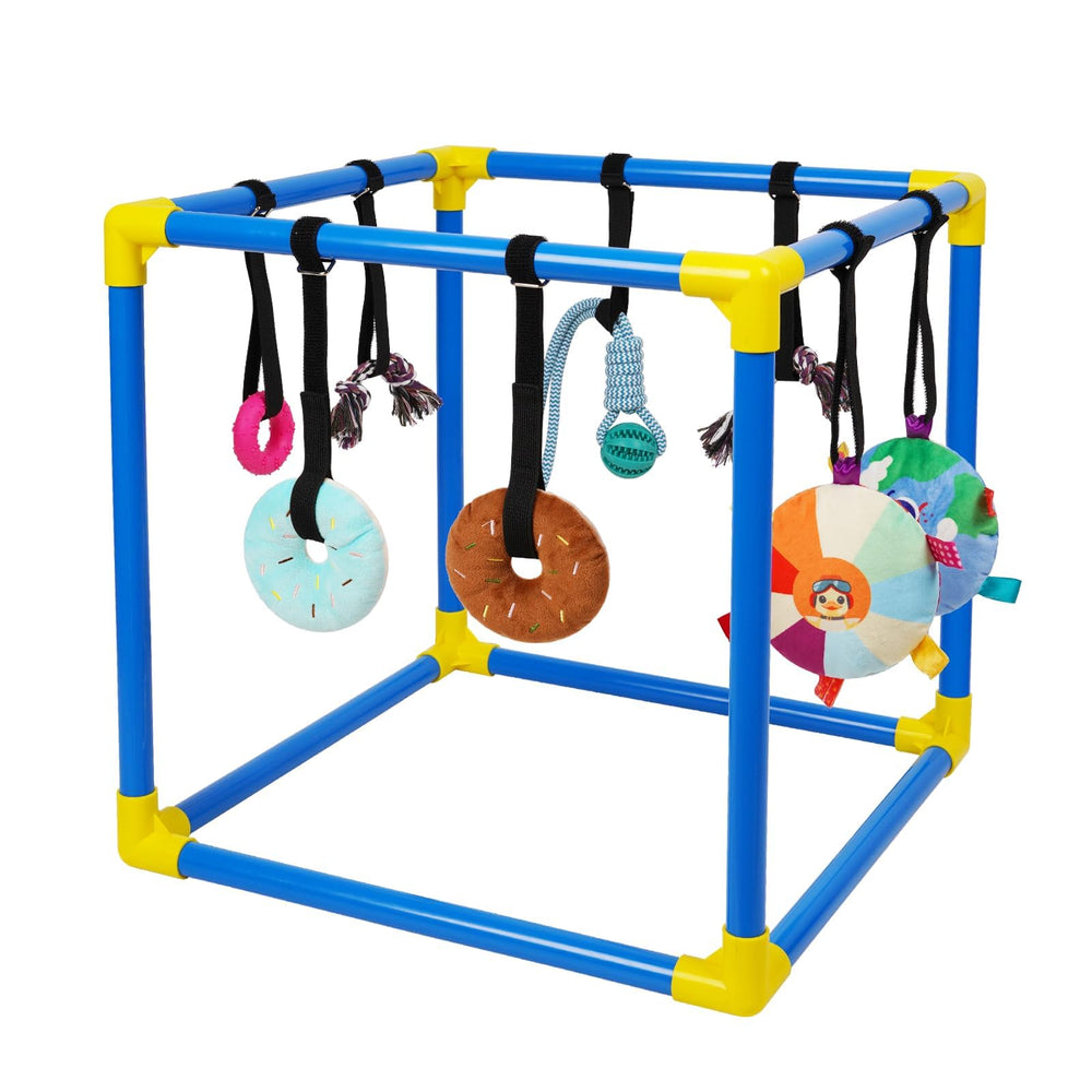 Liitrton Puppy Play Gym vista frontal, estimula el juego en cachorros.