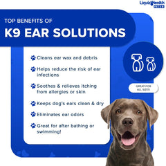 LIQUIDHEALTH K9 gotas vertidas en la oreja para higiene diaria.