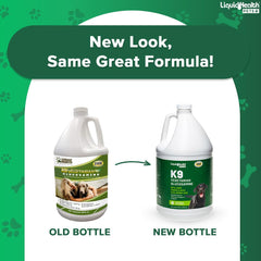 Frasco LIQUIDHEALTH vertido, etiqueta visible, fórmula vegetariana para perros