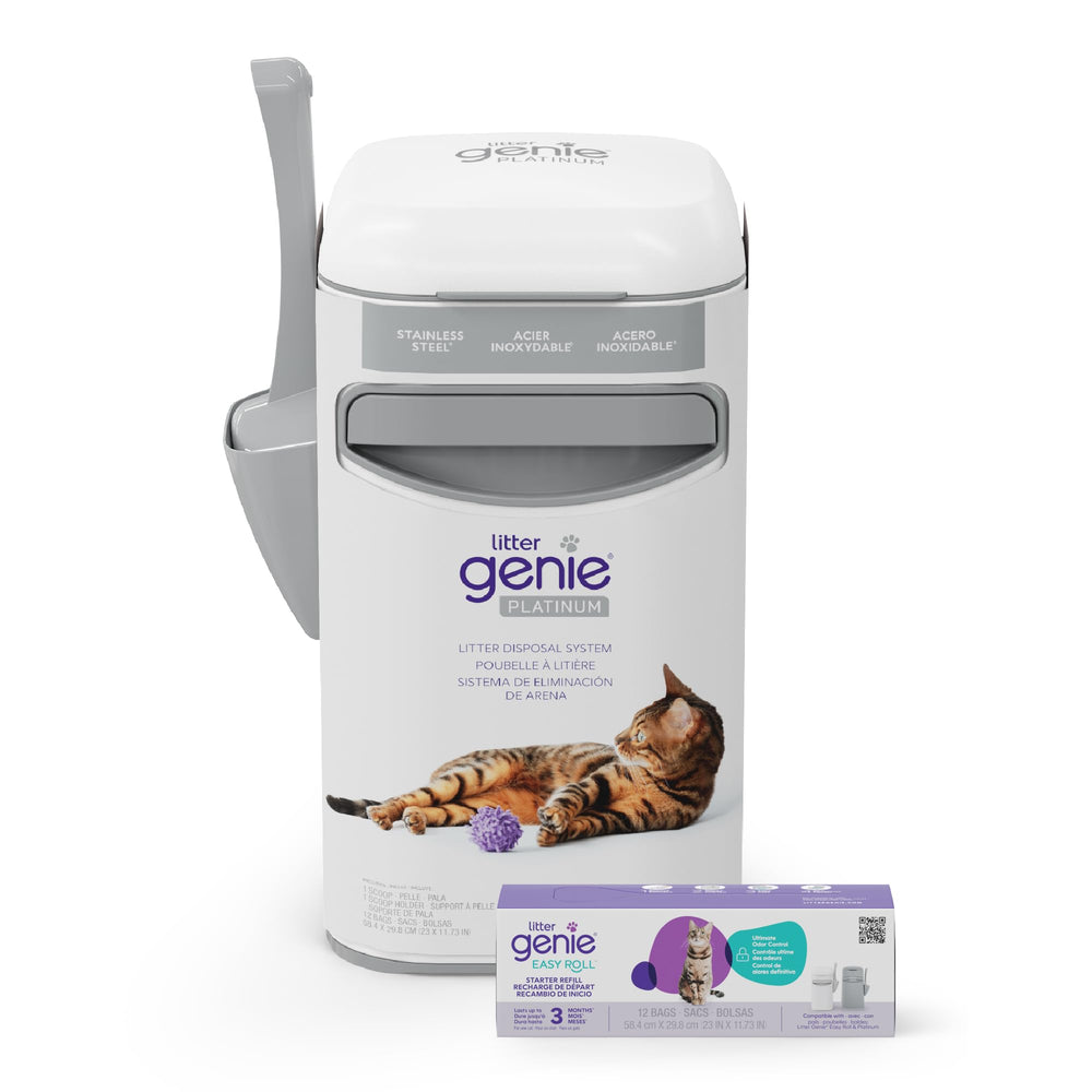 Litter Genie Platinum, cubo de acero inoxidable para manejo higiénico de desechos de gato.