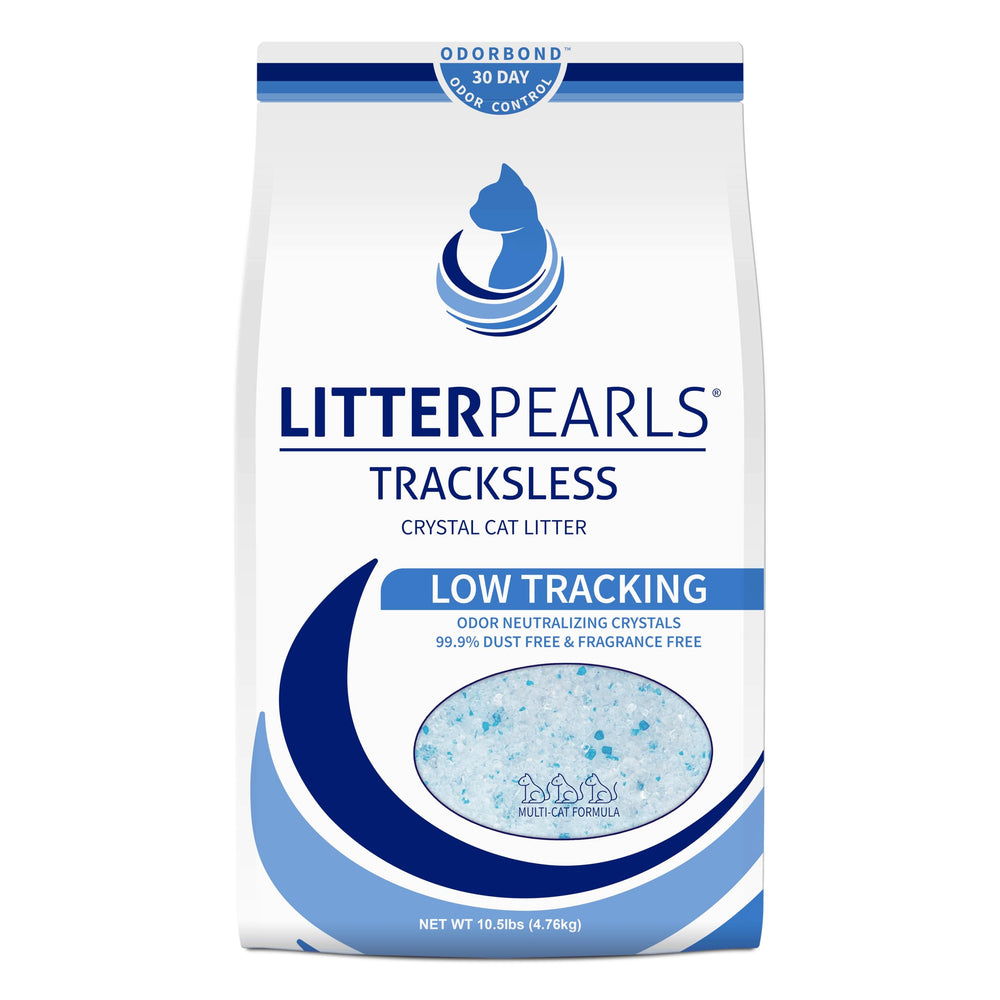 Litter Pearls Tracksless cristal para gatos en bolsa de 10.5 libras, fácil de almacenar.