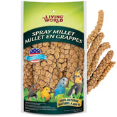 Living World Spray Millet en envase, snack saludable para aves.