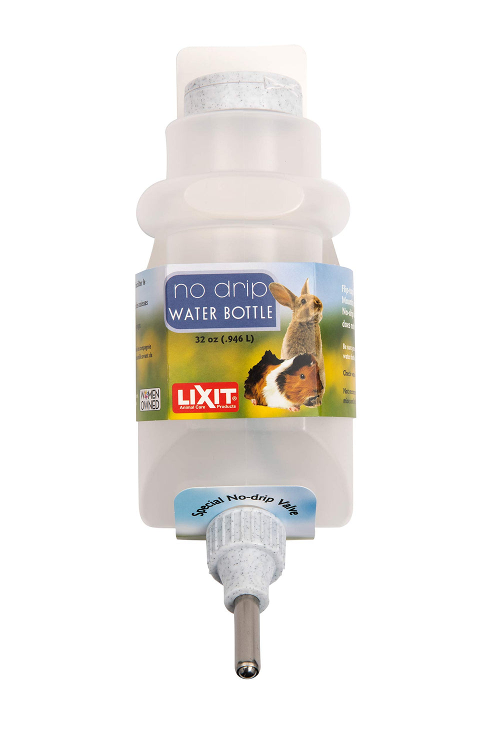 Botella Lixit con llenado superior sin goteo para conejos; agua estable y fácil de rellenar.
