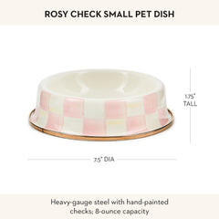 Cuenco esmaltado Mackenzie-Childs para mascotas Rosy Check, resistente.