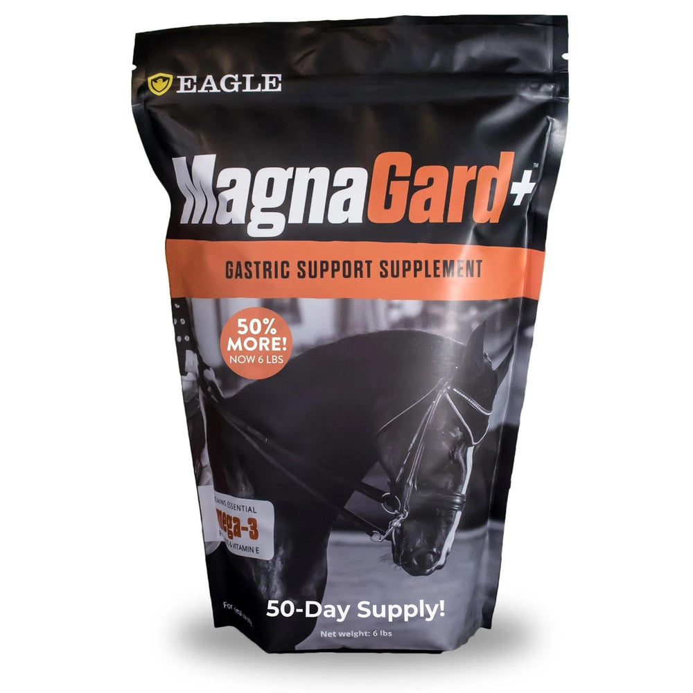 Magnagard Plus polvo botella: suplemento para caballos con Omega 3 que favorece brillo y salud.