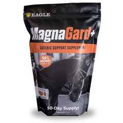 Magnagard Plus polvo botella: suplemento para caballos con Omega 3 que favorece brillo y salud.