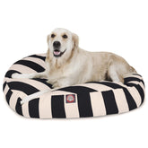 Cama Majestic Pet para perro, redonda grande con rayas verticales negras para uso interior y exterior.