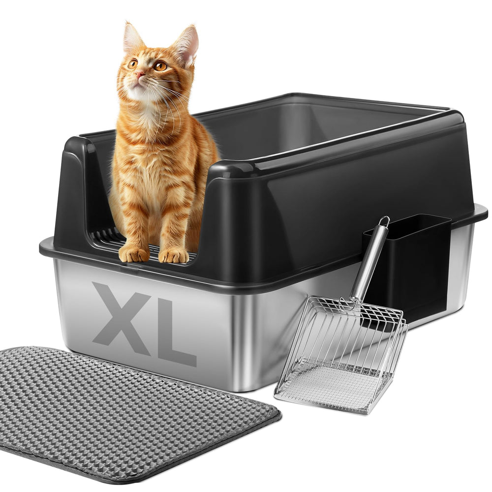 Marchul caja de arena en acero inoxidable con paredes altas para múltiples gatos.