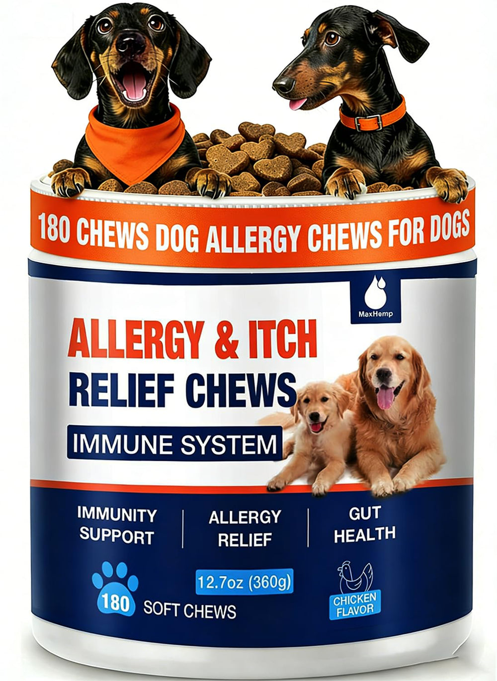 MaxHemp 180 Chews para perros, envase visible, apoyo potencial para alergias y picor