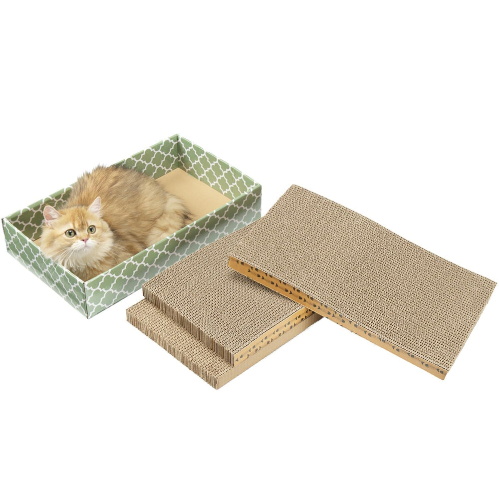 MECOOL Tablero rascador para gatos con caja, ideal para juego y descanso.