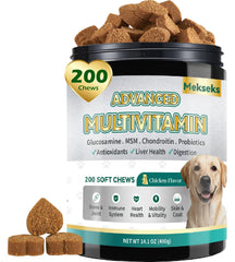 Mekseks masticables perros 24-en-1, envase de 200 unidades para apoyo diario de articulaciones y piel.
