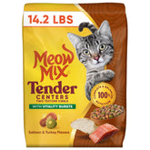 Meow Mix Centros Tiernos con Estallidos de Vitalidad, sabor salmón y pavo.