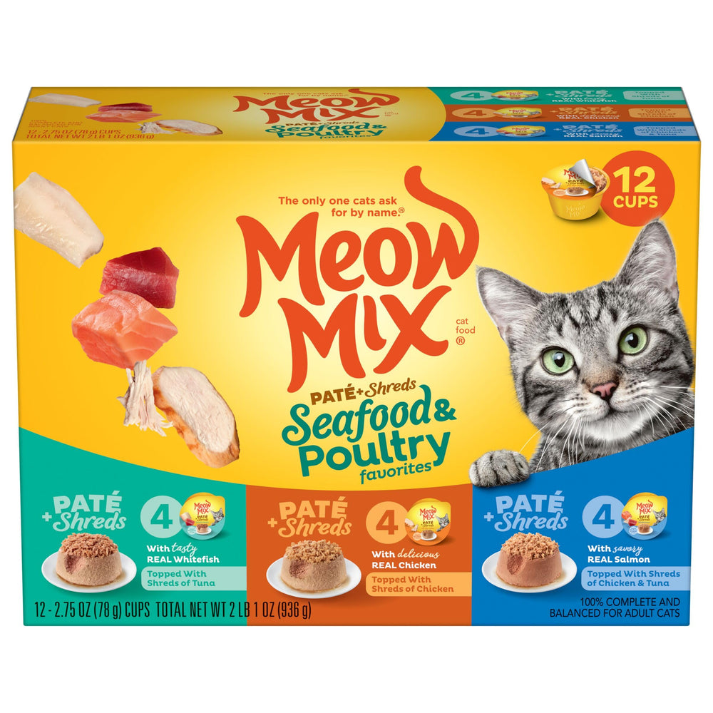 Meow Mix Paté y Trozos en taza de 2.75 oz, práctico para la cena diaria