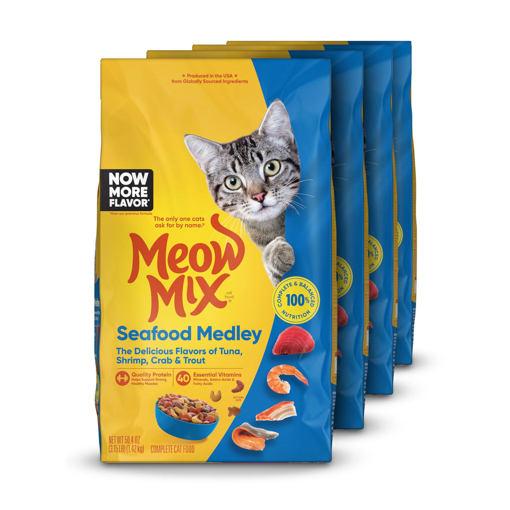 Meow Mix Seafood Medley, bolsa de 3-15 lb, paquete de 4 para alimentación diaria equilibrada.