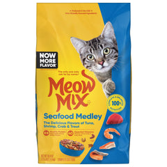 Meow Mix Seafood Medley, bolsa de alimento seco para gatos, sabor marino para pelaje saludable.