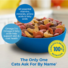 Meow Mix Seafood Medley, etiqueta nutricional clara para balance diario.