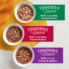 Meow Mix Tenders pavo y gibletes en salsa, variedad atractiva.