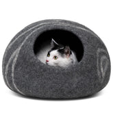 MEOWFIA Cueva de gato en lana merino gris oscuro, refugio cálido para interiores.