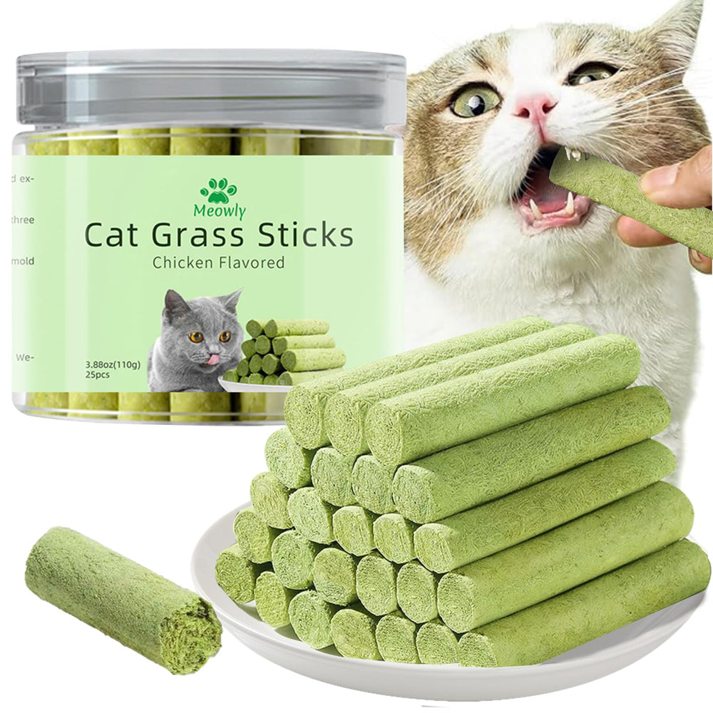 Meowly palitos de hierba para gatos, sabor pollo, ideal para masticar.
